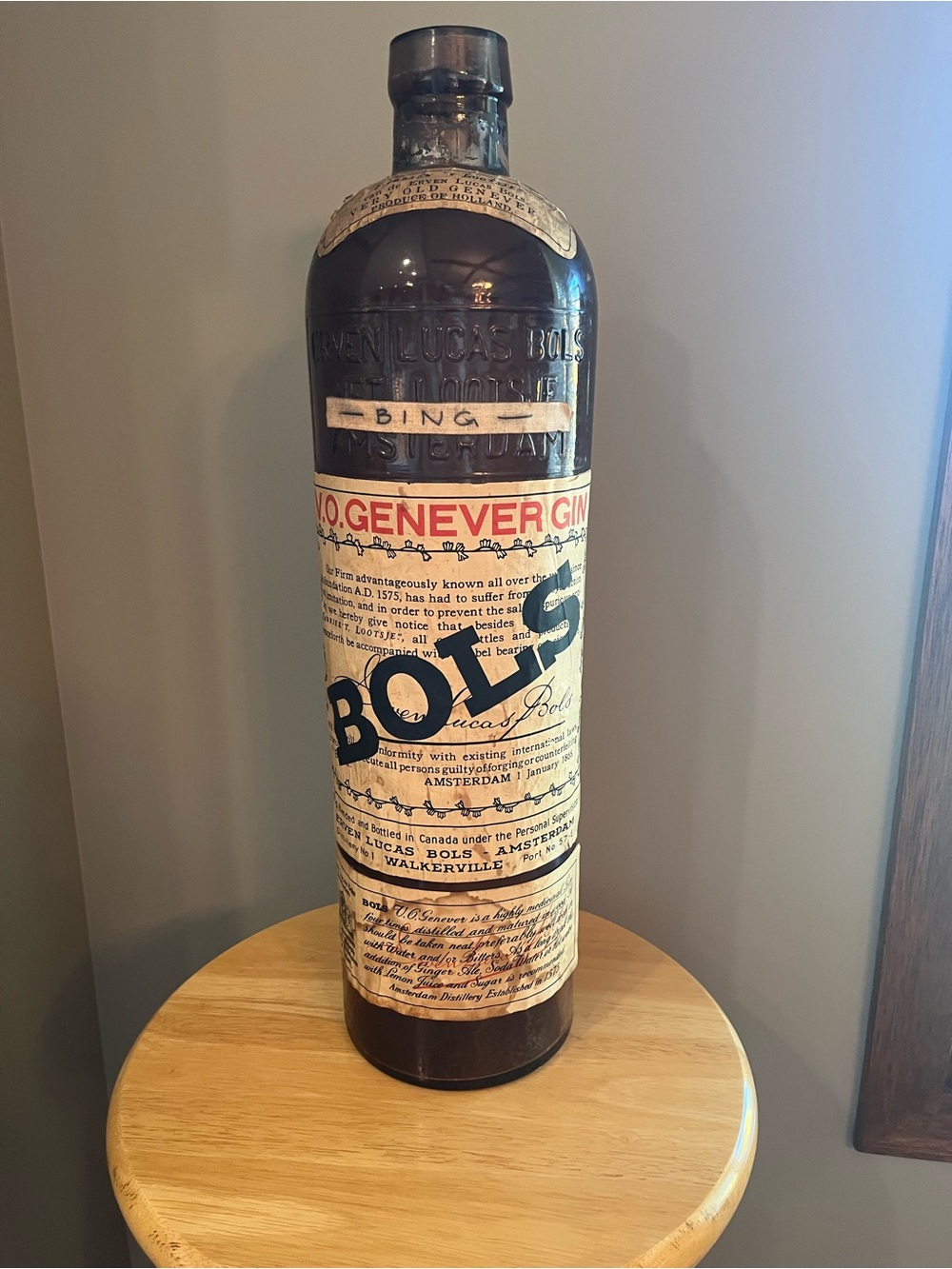 Vintage Bols V.O. Genever Gin Stoneware Clay Bottle Walkerville Canada Empty